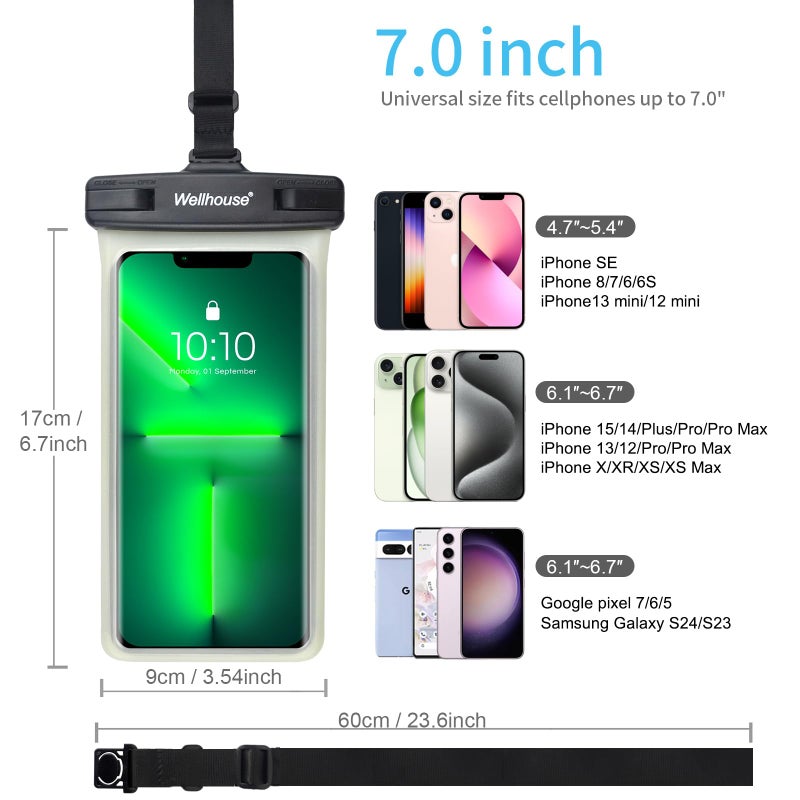 wellhouse Waterproof Phone Pouch, Waterproof Phone Case for iPhone 16 15 14 13 12 Pro Max XS Samsung, IPX8 3D Cellphone Dry Bag Beach Essentials (1 Pack - Luminous Black7.0, 7 inch) - Image 4