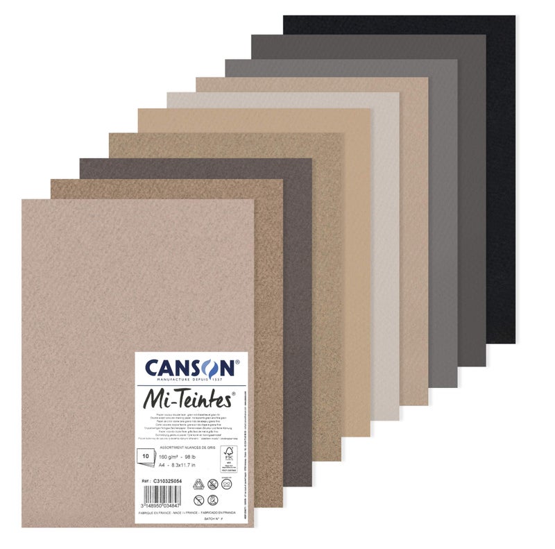 CANSON Mi-Teintes Coloured Drawing 160gsm A4 Paper Pack, Double Sided: Honeycomb & Fine Grain, 10 Grey Colour Sheets, Ideal for Professional Artists & Illustrators - Image 1