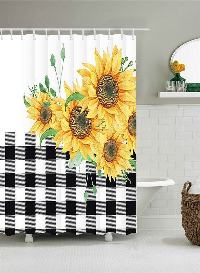 Yeele Sunflower Shower Curtain Black and White Buffalo Plaids Yellow Flower Plants Rustic Farmhouse Floral Checkered Waterproof Polyester Home Kitchen Bathroom Decoration with Hooks 72x72in - Image 3