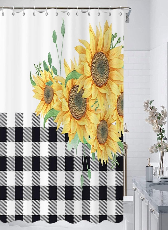 Yeele Sunflower Shower Curtain Black and White Buffalo Plaids Yellow Flower Plants Rustic Farmhouse Floral Checkered Waterproof Polyester Home Kitchen Bathroom Decoration with Hooks 72x72in - Image 1