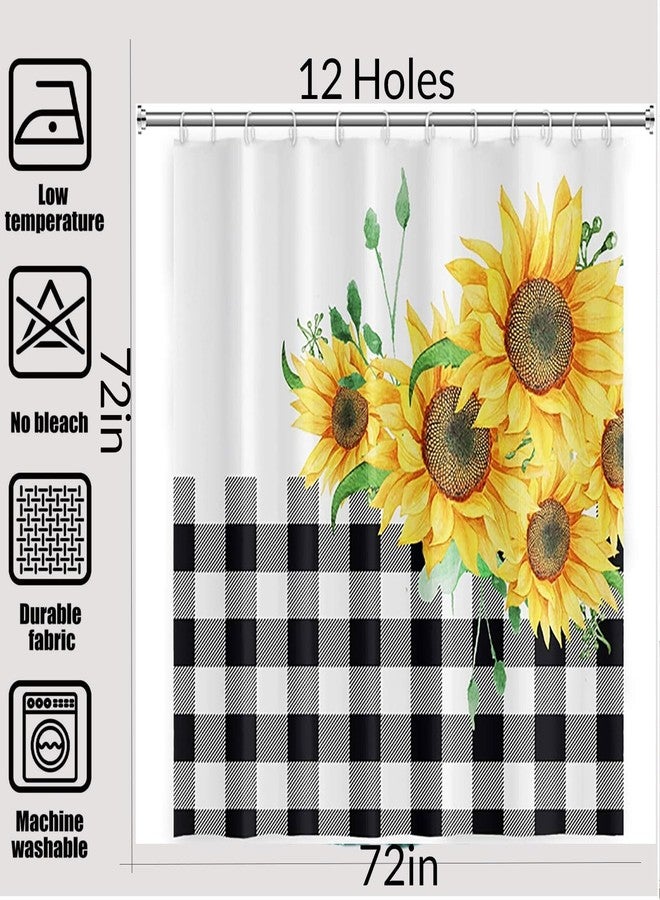 Yeele Sunflower Shower Curtain Black and White Buffalo Plaids Yellow Flower Plants Rustic Farmhouse Floral Checkered Waterproof Polyester Home Kitchen Bathroom Decoration with Hooks 72x72in - Image 2