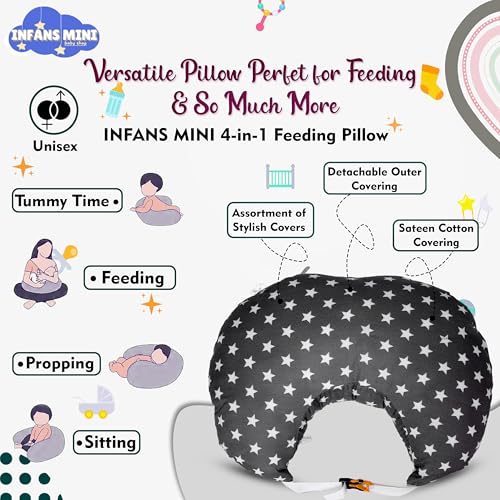 Infans Mini Baby Feeding Pillow Cotton|Maternity Feeding Pillow Portable & Adjustable|Nursing Pillow for Mother and New Born Baby (Star Grey) - Image 3