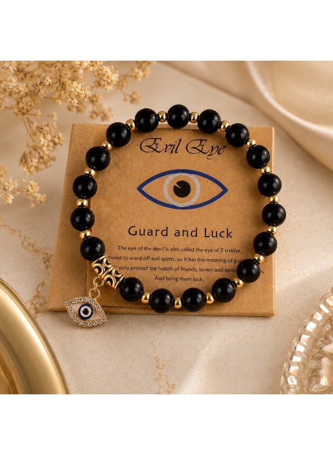 Turkish Evil Eye Black Onyx Beaded Bracelet with Gold Charm – Unisex Stretch Jewelry for Protection & Luck - Image 5