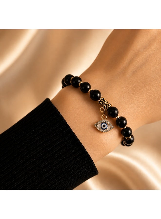 Turkish Evil Eye Black Onyx Beaded Bracelet with Gold Charm – Unisex Stretch Jewelry for Protection & Luck - Image 2