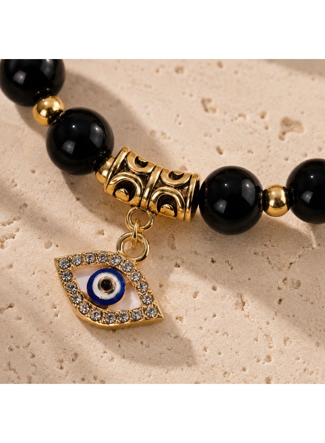 Turkish Evil Eye Black Onyx Beaded Bracelet with Gold Charm – Unisex Stretch Jewelry for Protection & Luck - Image 3