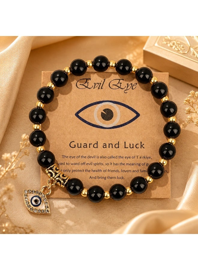 Turkish Evil Eye Black Onyx Beaded Bracelet with Gold Charm – Unisex Stretch Jewelry for Protection & Luck - Image 1