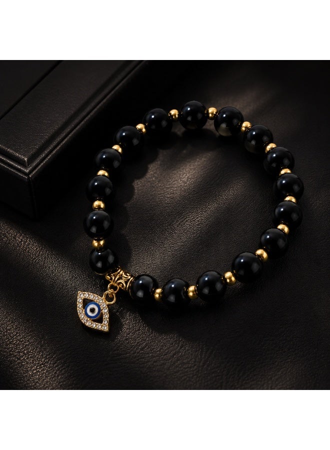 Turkish Evil Eye Black Onyx Beaded Bracelet with Gold Charm – Unisex Stretch Jewelry for Protection & Luck - Image 4