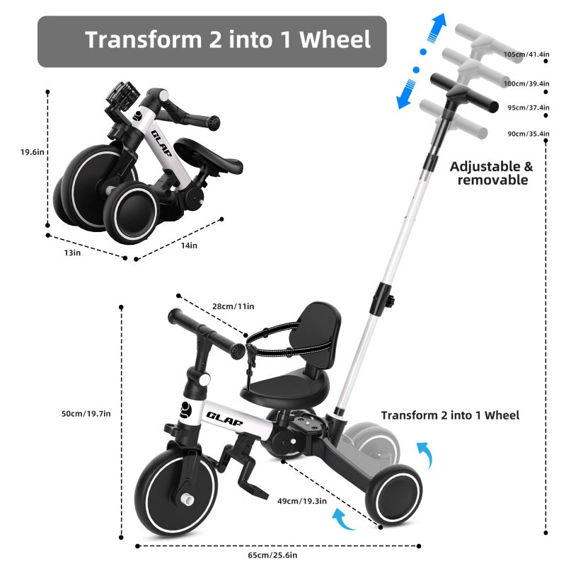 Glaf Tricycle for Toddlers 1-3 Toddler Bike with Push Handle 2-4 Years Baby Bike Toys for 2 Years Boys and Girls Balance Bike with Adjustable Seat Height and Backrest Birthday Gift (White) - Image 5