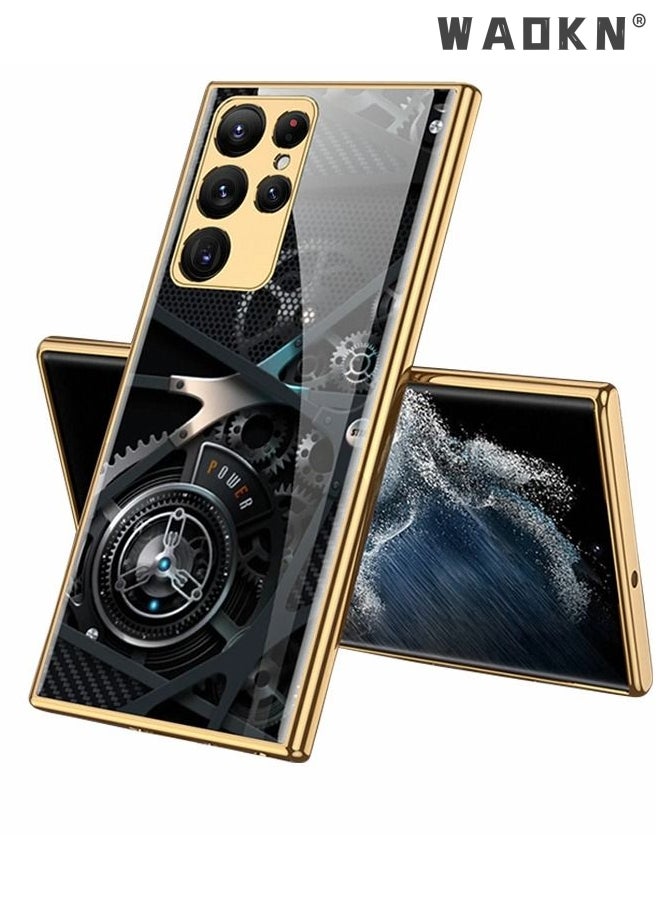 WAOKN Samsung Galaxy S23 Ultra Phone Case, Galaxy S23 Ultra Phone Case Slim Tempered Glass Phone Case, Fashion Plating PC Back Cover Case, Luxury Mechanic Drop Resistant Phone Case  - Image 1