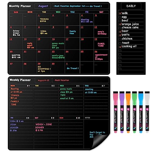 YNGRUE Fridge Black Whiteboard Calendar Set3Pack1 Pcs Magnetic Weekly Board and 1 Pcs Refrigerator Planner Calendar1 Pcs List and 6 MarkersReward Chore Chart for Kids Multiple Kids Teens Adults Family - Image 1