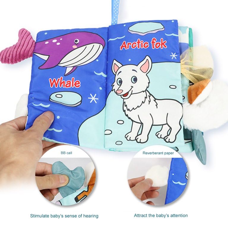 BeFunky كتاب قماش للأطفال، كتاب صور ثلاثي الأبعاد ناعم وكتاب صرير للأطفال من 0-12 شهرًا، لعبة تعليمية حسية مونتيسوري للأولاد والبنات (جليد)، متعدد الألوان - Image 3