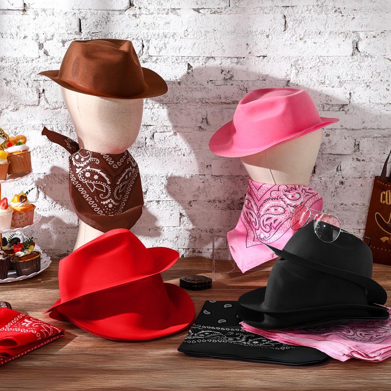 Haysandy 24 Pieces Western Cowboy Hat Set  Felt Cowboy Themed Party Hats With Paisley Bandanas For Kids Costume Party(Brown  Red  Black  Pink) - Image 2