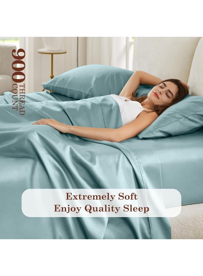 Hyde Lane 900 Thread Count King Size Bed Sheets, Cotton Rich Sheet Set Sateen Weave - 16 inches deep Pocket, Extra Soft 4Pc Sheets Breathable & Cooling (King, Aqua Blue) - Image 4