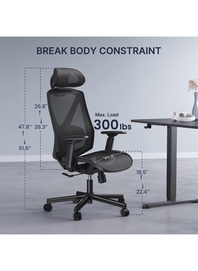 Office Chair, Ergonomic Mesh Office Chair, Computer Chair with 2-Way Adjustable Lumbar Support, Headrest and Armrest, High Back Desk Chair with Tilt Lock Function