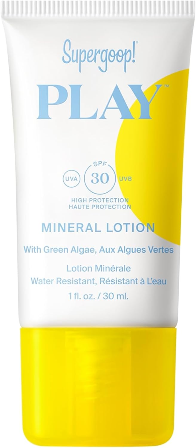 Supergoop PLAY Mineral Lotion 1 fl oz Broad Spectrum SPF 30 Sunscreen for Face Body Lightweight Fast Absorbing Very WaterResistant With Green Algae