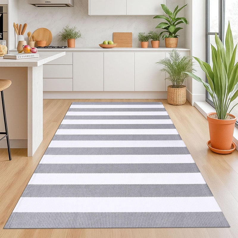 KOZYFLY Grey and White Striped Rug 4'x6' Indoor Outdoor Rug Cotton Hand-Woven Washable Striped Layered Doormats for Front Door/Kitchen/Farmhouse/Entryway/Patio - Image 4