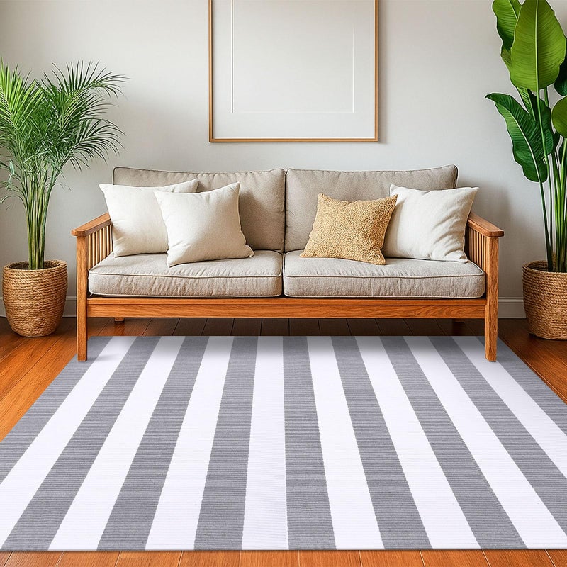 KOZYFLY Grey and White Striped Rug 4'x6' Indoor Outdoor Rug Cotton Hand-Woven Washable Striped Layered Doormats for Front Door/Kitchen/Farmhouse/Entryway/Patio - Image 3
