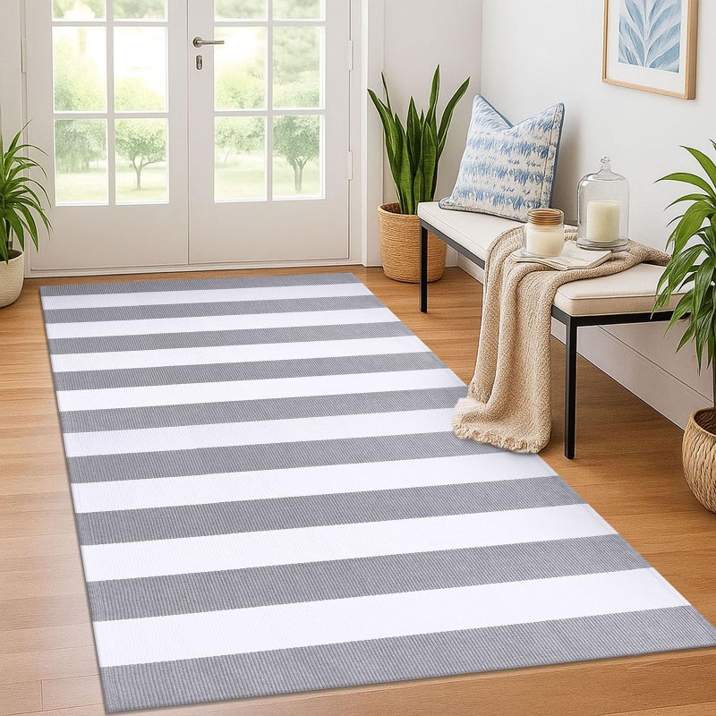KOZYFLY Grey and White Striped Rug 4'x6' Indoor Outdoor Rug Cotton Hand-Woven Washable Striped Layered Doormats for Front Door/Kitchen/Farmhouse/Entryway/Patio - Image 1