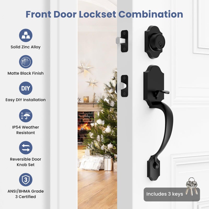 Estmoon Front Door Lock Set Matte Black Exterior Door Handle, Deadbolt Lock with Interior Door Knob for Entry Doors, Front Door Handle and Single Cylinder Deadbolt Reversible for Left &Right Hand Door - Image 2