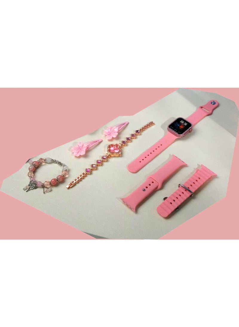 modio - Modio MC82 Ultra Mini 36mm Micro Curved Display Ladies Smart Watch With Quartz Analog Watch Gemstone Bracelete and 3 Pair Straps Pink - Image 1