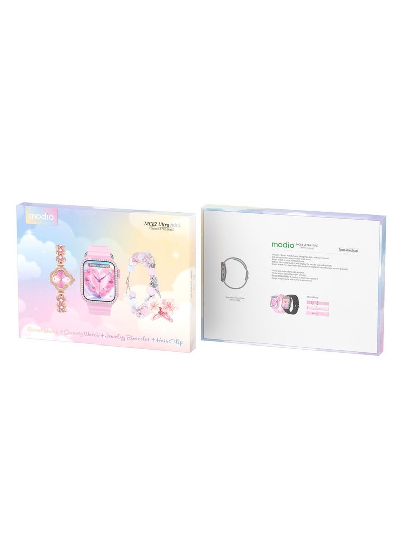 modio - Modio MC82 Ultra Mini 36mm Micro Curved Display Ladies Smart Watch With Quartz Analog Watch Gemstone Bracelete and 3 Pair Straps Pink - Image 1