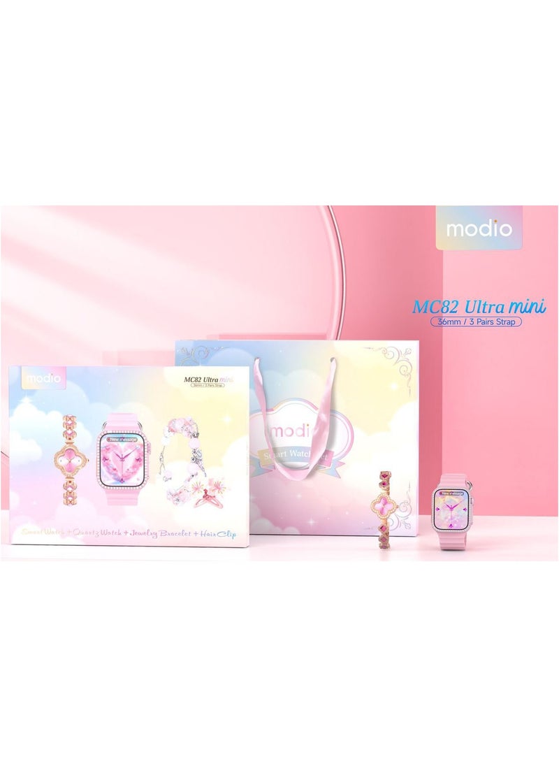 modio - Modio MC82 Ultra Mini 36mm Micro Curved Display Ladies Smart Watch With Quartz Analog Watch Gemstone Bracelete and 3 Pair Straps Pink - Image 1