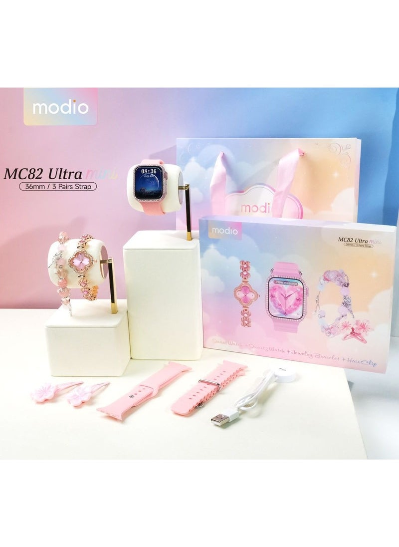 modio - Modio MC82 Ultra Mini 36mm Micro Curved Display Ladies Smart Watch With Quartz Analog Watch Gemstone Bracelete and 3 Pair Straps Pink - Image 1