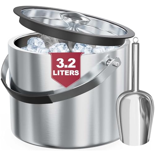 Five Home 3.2L Double Wall Stainless Steel Ice Bucket with Lid,Scoop, Updated Insulated Ice Bucket for Cocktail Bar and Parties - Image 1
