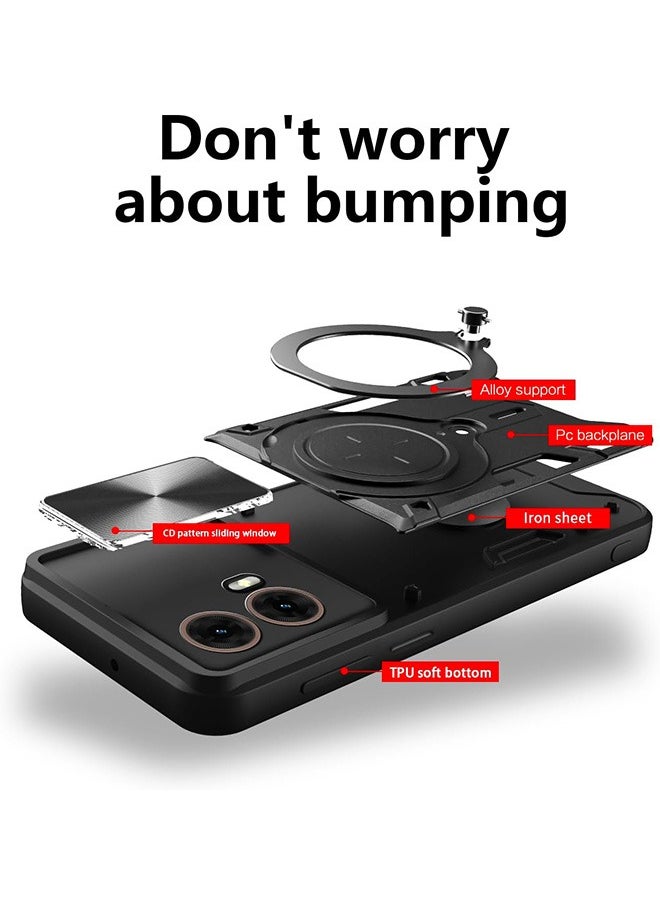 Case For Motorola G85 5G with Slide Camera Cover and Stand Kickstand Magnetic Ring, High Quality Shockproof Protective Cover, Anti-Fall Drop Protection, Shockproof Case, Black