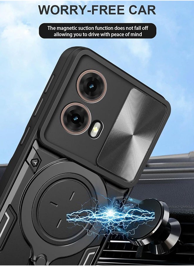 Case For Motorola G85 5G with Slide Camera Cover and Stand Kickstand Magnetic Ring, High Quality Shockproof Protective Cover, Anti-Fall Drop Protection, Shockproof Case, Black