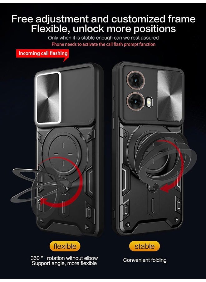 Case For Motorola G85 5G with Slide Camera Cover and Stand Kickstand Magnetic Ring, High Quality Shockproof Protective Cover, Anti-Fall Drop Protection, Shockproof Case, Black