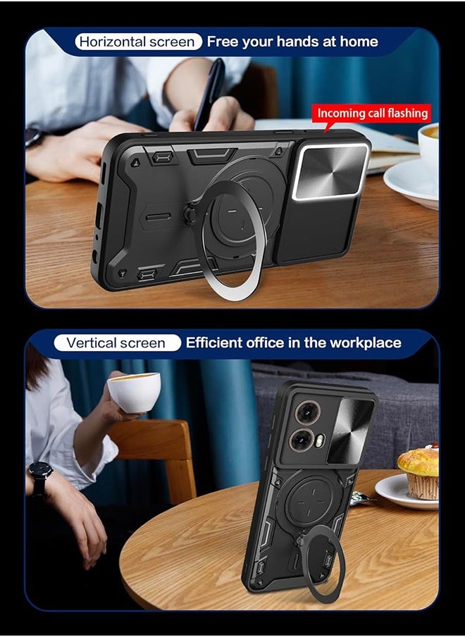 Case For Motorola G85 5G with Slide Camera Cover and Stand Kickstand Magnetic Ring, High Quality Shockproof Protective Cover, Anti-Fall Drop Protection, Shockproof Case, Black