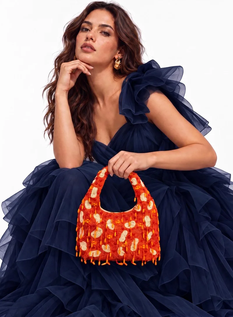 Embroidered Beaded Tassle Detail Clutch