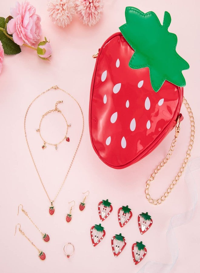 Hifot طقم مجوهرات حقيبة كروس بودي بالفراولة للنساء والفتيات المراهقات، حقيبة فراولة، قلادة، سوار، أقراط، خاتم، مجموعة مشابك شعر، هدايا مجوهرات للعب التظاهر في حفلات الأميرات - Image 5