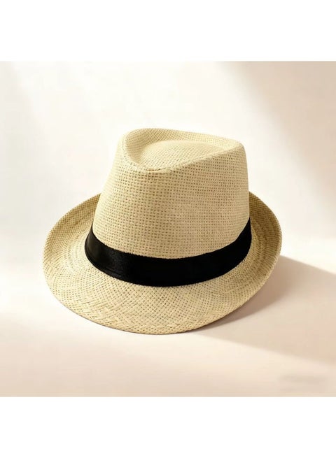 Unisex Stylish Straw Cloche Hat / Straw Hat - Breathable All-Season Sun Hat, Fedora with Black Satin Ribbon, Suitable for Beach/Outdoor/Party
