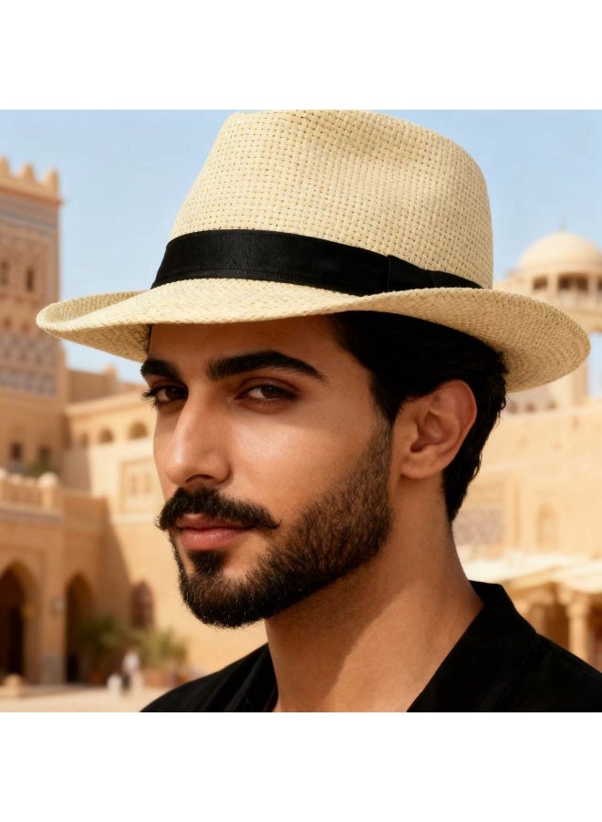 Gecomo Unisex Stylish Straw Cloche Hat / Straw Hat - Breathable All-Season Sun Hat, Fedora with Black Satin Ribbon, Suitable for Beach/Outdoor/Party - Image 2