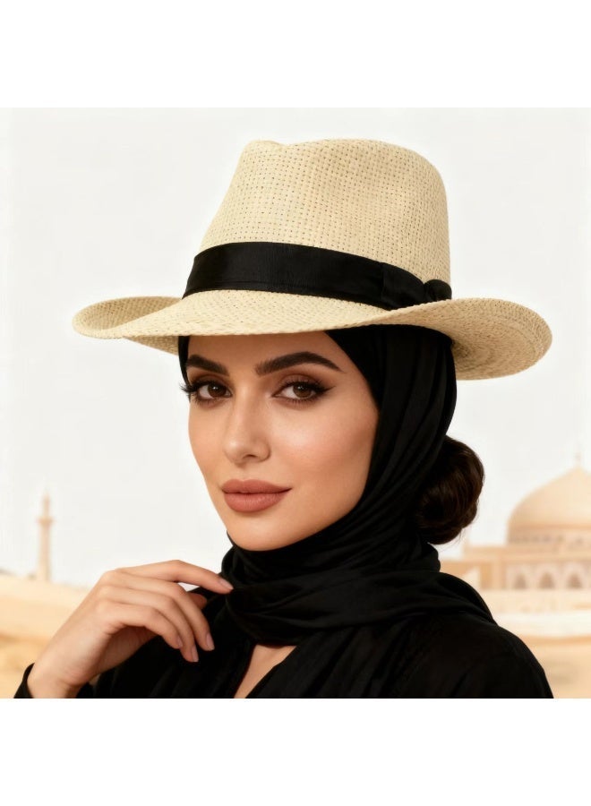 Gecomo Unisex Stylish Straw Cloche Hat / Straw Hat - Breathable All-Season Sun Hat, Fedora with Black Satin Ribbon, Suitable for Beach/Outdoor/Party - Image 3