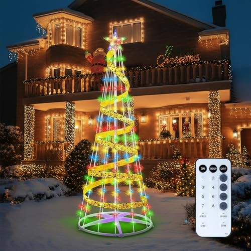 Adamonda 6ft 192 LED Multicolor Indoor Outdoor led Christmas Tree with Remote and Ribbon,8 Modes Lightshow Dimmable Artificial Christmas Cone Tree for Yard,Light Up Christmas Decorations for Indoor Outdoor - Image 1
