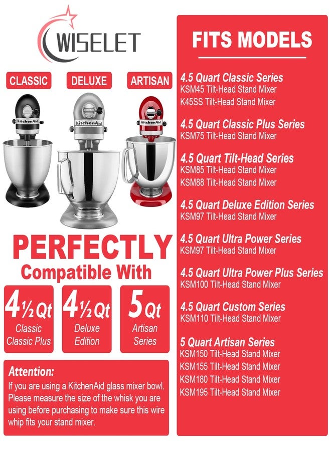 Wiselet K45WW Stainless Steel Wire Whip for KitchenAid Artisan Series Tilt-Head Mixer 5 Quart Bowl, 6 Wire Whisk Fits for Artisan Mixer, Heavy Duty, Dishwasher Safe, Balloon Whisk - Image 2