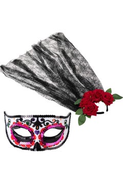 Al Aoyama Al Aoyama 2 Pcs Day of The Dead costume Accessories Set with Rose Flower Crown Headband and Masquerade Eye Mask for  Party  - Image 1