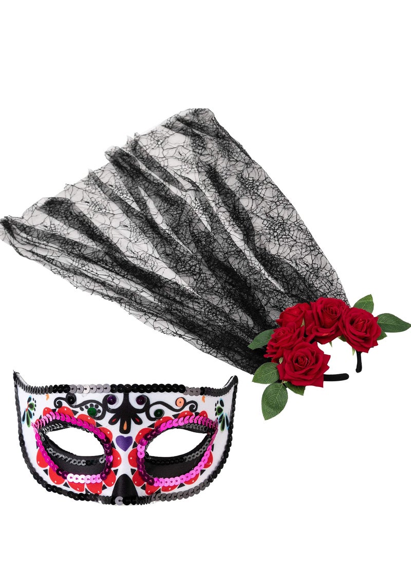 Al Aoyama Al Aoyama 2 Pcs Day of The Dead costume Accessories Set with Rose Flower Crown Headband and Masquerade Eye Mask for  Party  - Image 1