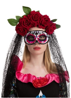 Al Aoyama Al Aoyama 2 Pcs Day of The Dead costume Accessories Set with Rose Flower Crown Headband and Masquerade Eye Mask for  Party  - Image 2
