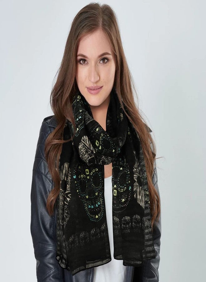 GERINLY Cool Skulls Black Scarfs for Women Punk Style Head Wrap Sugar Calavera Cotton Scarves Skeletons Accessory for Halloween - Image 2