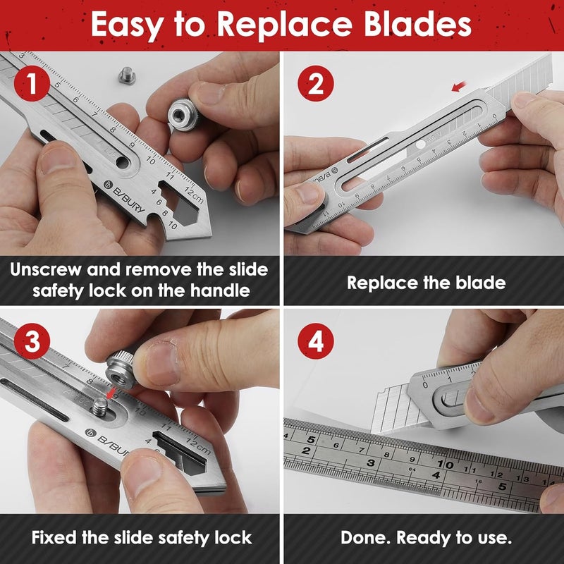 BIBURY 2 Pack Mutipurpose Utility Knife, Heave Duty Full Stainless Steel Retractable Box Cutter with 10PCS replaceable Blades (18mm Wide), Multi-functional Extended Razor Knife for Office, Home,School - Image 5