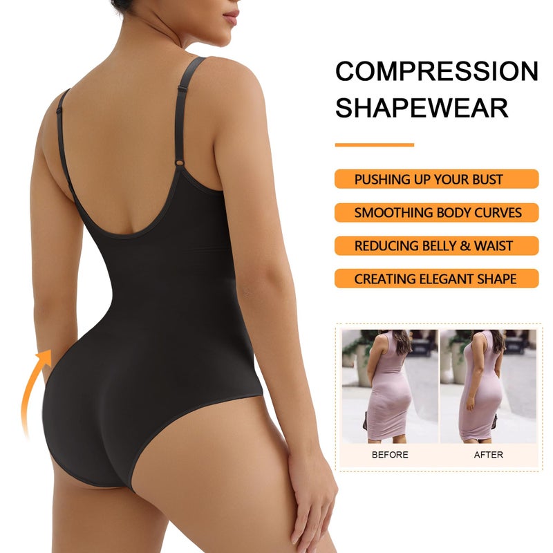 SHAPERX Women's Seamless Bodysuits Tummy Control Shapewear Briefs Body Shaper with Removable Pads,SZ5433-Black-L/XL-Plus - Image 3
