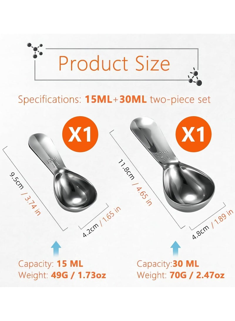Oasisgalore 2 Pack Stainless Steel 430 Coffee Scoop Set - Long & Short Handle Measuring Spoons (15ml & 30ml)  - Image 4