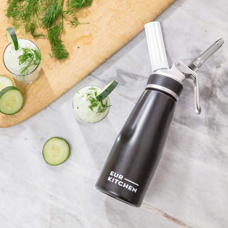 EurKitchen Professional Aluminum Whipped Cream Dispenser - Leak-Free Whip Cream Maker Canister with 3 Decorating Nozzles & Cleaning Brush - 1-Pint / 500 mL Cream Whipper - N2O Chargers (Not Included) - Image 5