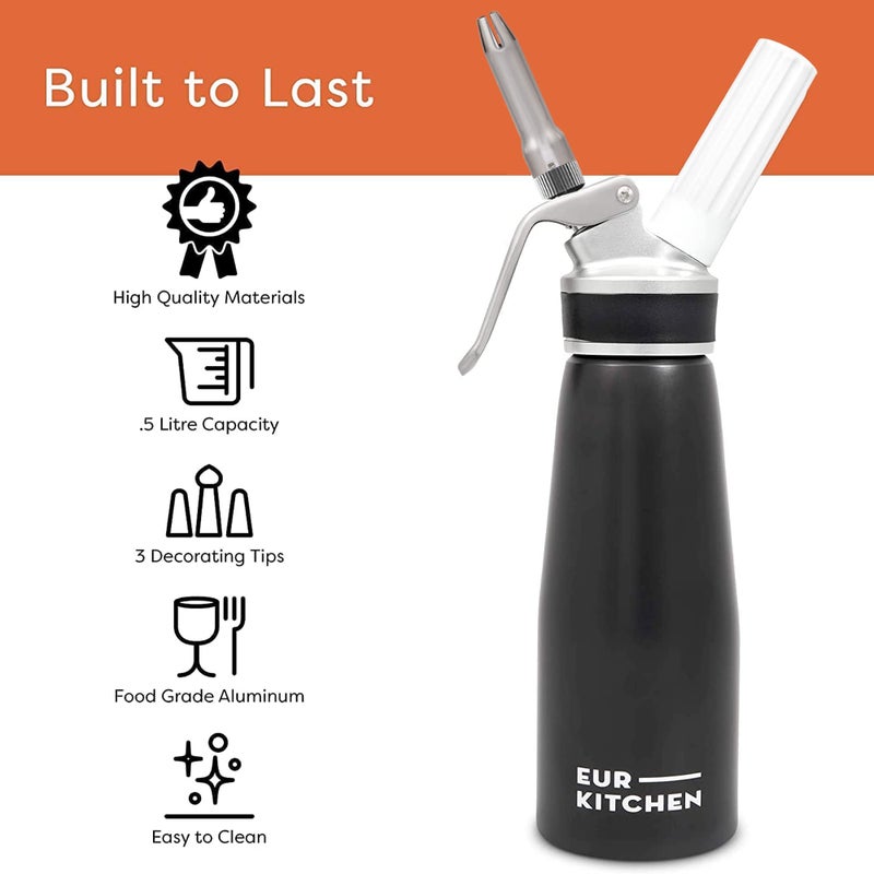 EurKitchen Professional Aluminum Whipped Cream Dispenser - Leak-Free Whip Cream Maker Canister with 3 Decorating Nozzles & Cleaning Brush - 1-Pint / 500 mL Cream Whipper - N2O Chargers (Not Included) - Image 4