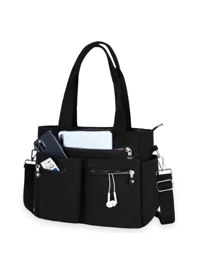 Women's Waterproof Nylon Multi-Pocket Tote Bag with Crossbody Strap, Black - Image 1