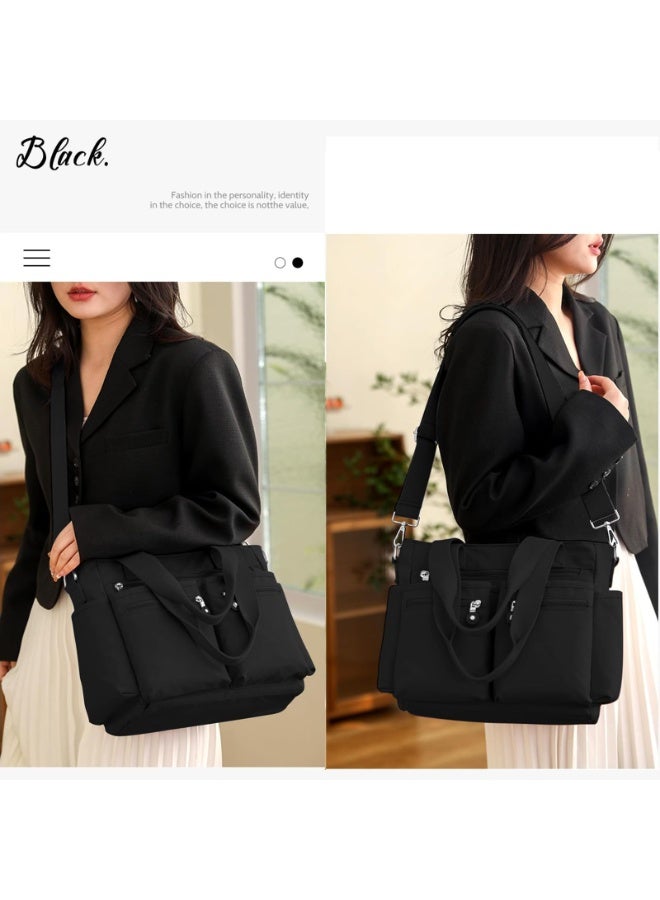 Women's Waterproof Nylon Multi-Pocket Tote Bag with Crossbody Strap, Black - Image 2